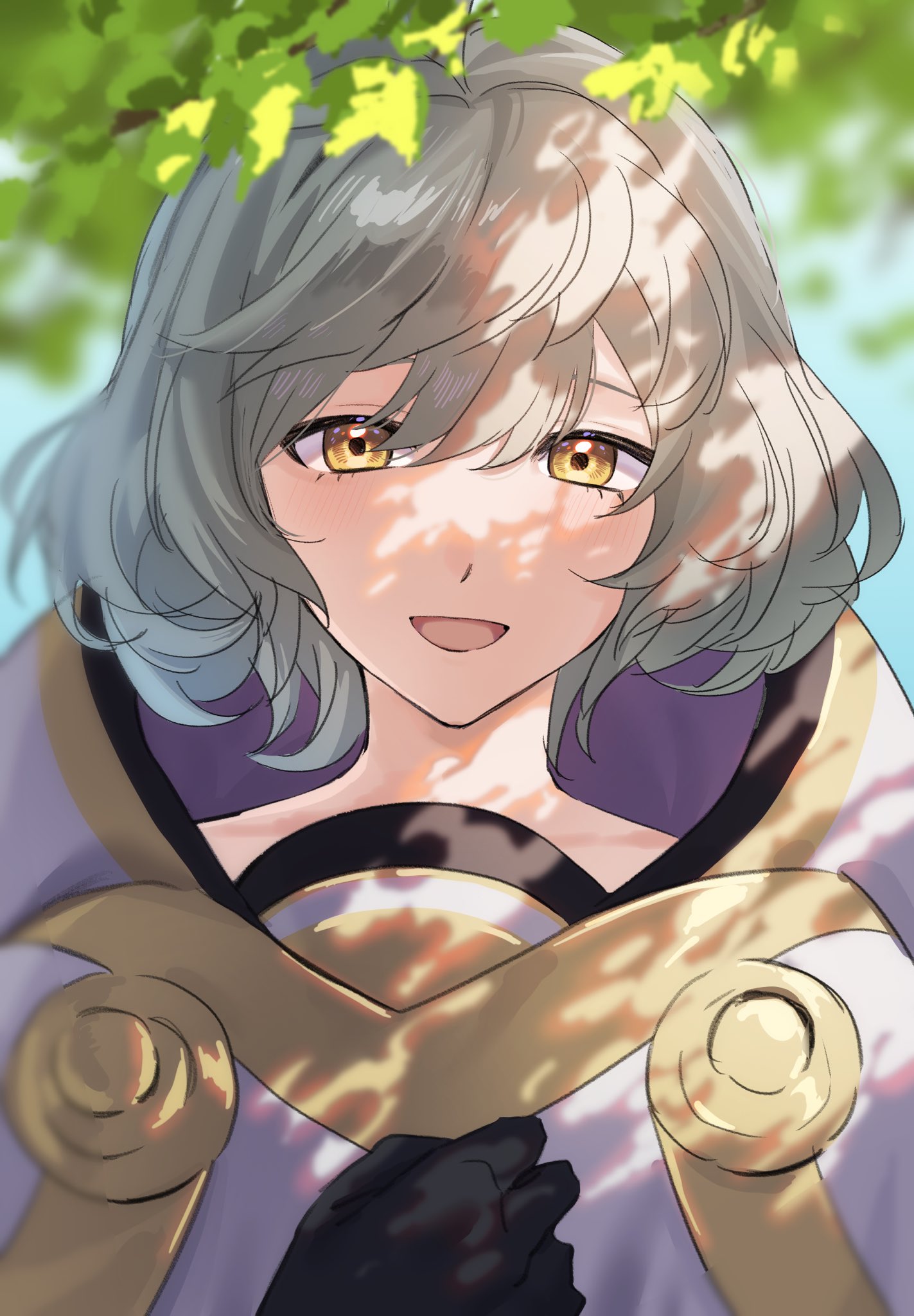 tomo shirasu, rune (fire emblem), fire emblem, fire emblem heroes, nintendo, highres, 1boy, grey hair, hood, hood down, hooded robe, looking at viewer, male focus, medium hair, robe, solo, white robe, yellow eyes