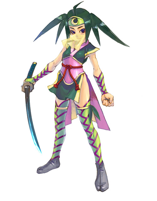 weno, 1girl, ahoge, breasts, female focus, full body, holding, holding weapon, katana, long hair, looking at viewer, sash, simple background, small breasts, solo, standing, sword, thighhighs, twintails, veil, weapon, white background