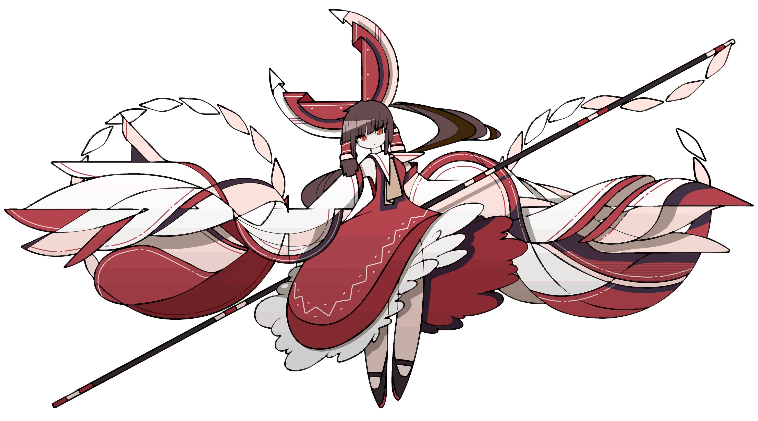 harano kaguyama, hakurei reimu, touhou, highres, 1girl, bow, brown hair, dress, full body, gohei, hair bow, head tilt, long hair, long sleeves, looking at viewer, mary janes, red bow, red dress, red eyes, shoes, simple background, solo, standing, white background