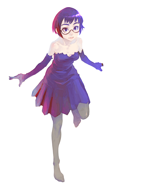 weno, dress, elbow gloves, glasses, gloves, pantyhose, simple background, solo, thighhighs