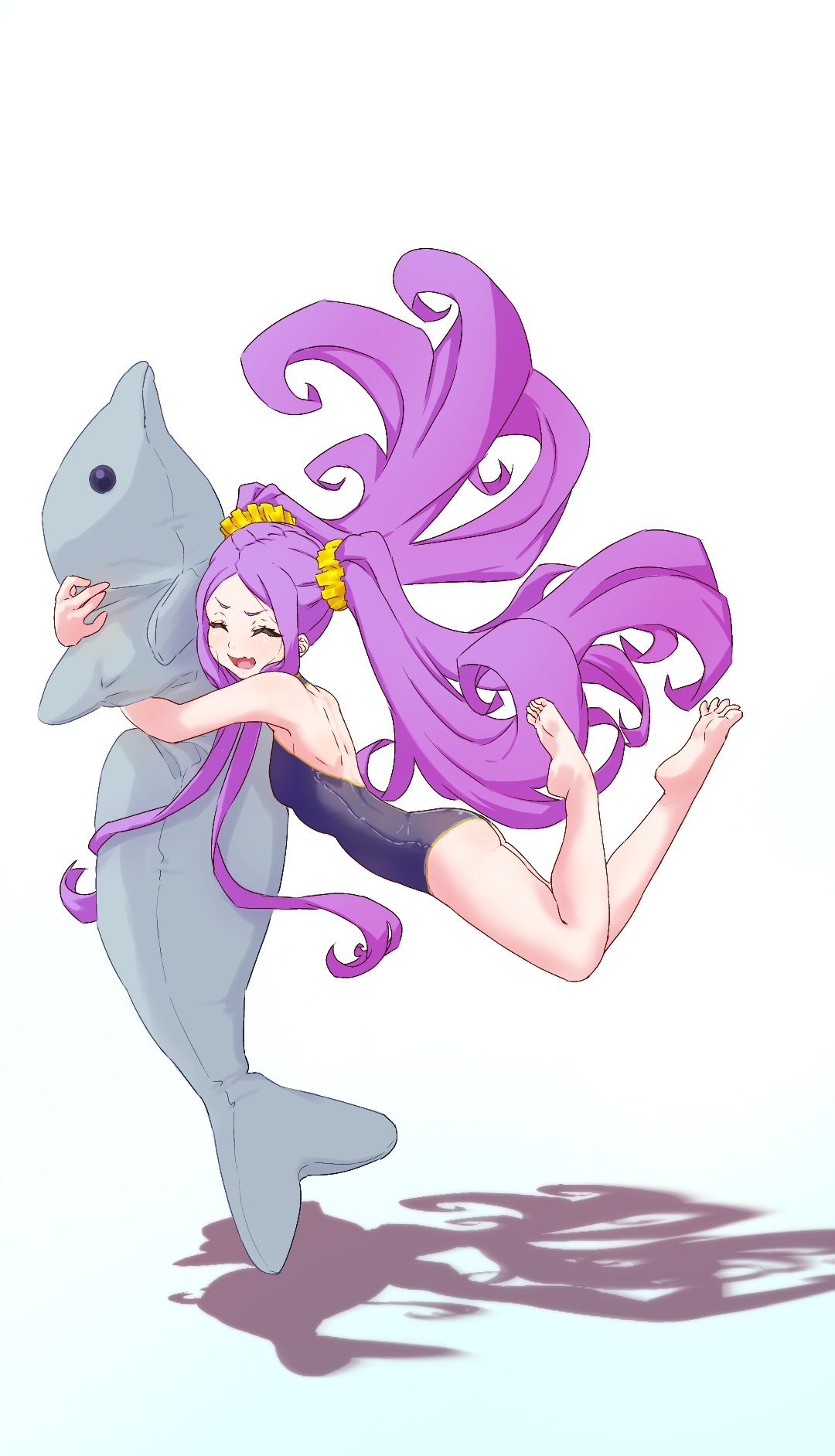 niwaikanai, wu zetian (fate), fate/grand order, fate (series), highres, 1girl, bare shoulders, barefoot, blue one-piece swimsuit, breasts, closed eyes, forehead, hair ornament, hair scrunchie, hug, long hair, one-piece swimsuit, open mouth, parted bangs, purple hair, scrunchie, sidelocks, small breasts, solo, stuffed toy, swimsuit, twintails, very long hair, yellow scrunchie