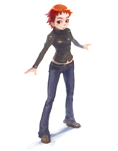 weno, 1girl, belt, breasts, closed mouth, denim, expressionless, female focus, full body, jacket, jeans, legs apart, long sleeves, looking at viewer, mole, mole under eye, outstretched arms, pants, red eyes, red hair, shadow, shiny clothes, short hair, simple background, small breasts, solo, spiked hair, spread arms, standing, turtleneck, very short hair, zipper