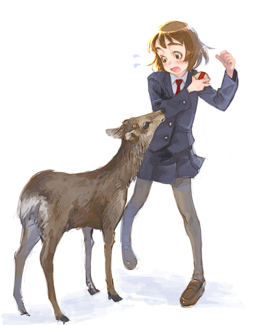 weno, tagme, deer, pantyhose, school uniform, serafuku, simple background, thighhighs