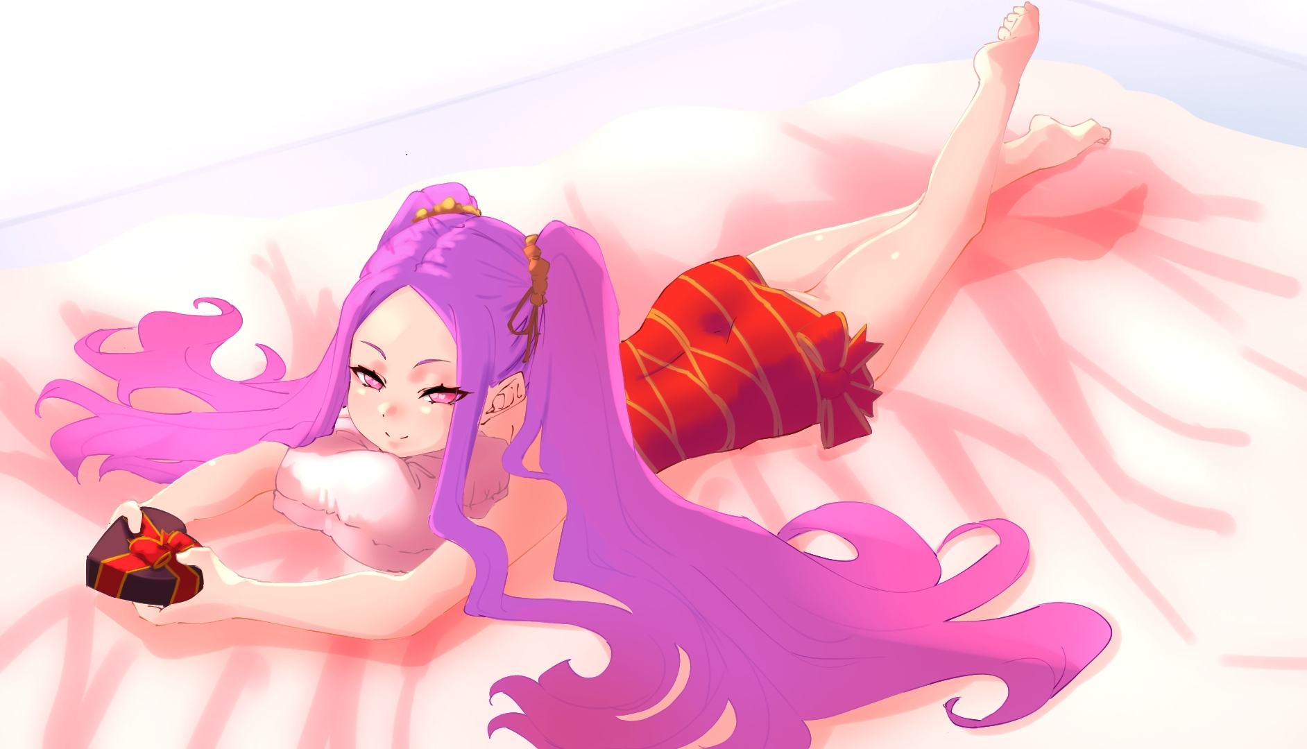 niwaikanai, wu zetian (fate), fate/grand order, fate (series), highres, 1girl, bare shoulders, barefoot, box, breasts, forehead, gift, gift box, hair ornament, hair scrunchie, heart-shaped box, long hair, looking at viewer, lying, naked ribbon, on stomach, parted bangs, pillow, purple eyes, purple hair, red ribbon, ribbon, scrunchie, sidelocks, small breasts, smile, solo, twintails, very long hair, yellow scrunchie