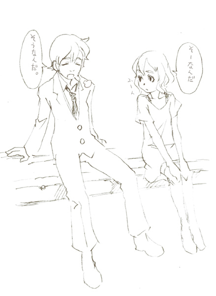 weno, weno's blonde original character, original, translation request, 1boy, 1girl, arm support, greyscale, monochrome, sigh, sitting, sketch