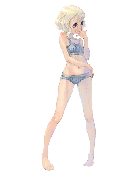 weno, weno's blonde original character, original, 1girl, blonde hair, bra, female focus, jojo pose, lingerie, panties, simple background, solo, sports bra, striped sports bra, underwear, underwear only
