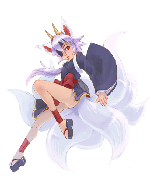 weno, kuon (shinrabanshou), shinrabanshou, 1girl, animal ears, eyepatch, female focus, fox ears, fox tail, horns, japanese clothes, long hair, multiple tails, nine tail fox, purple hair, red eyes, simple background, solo, tail