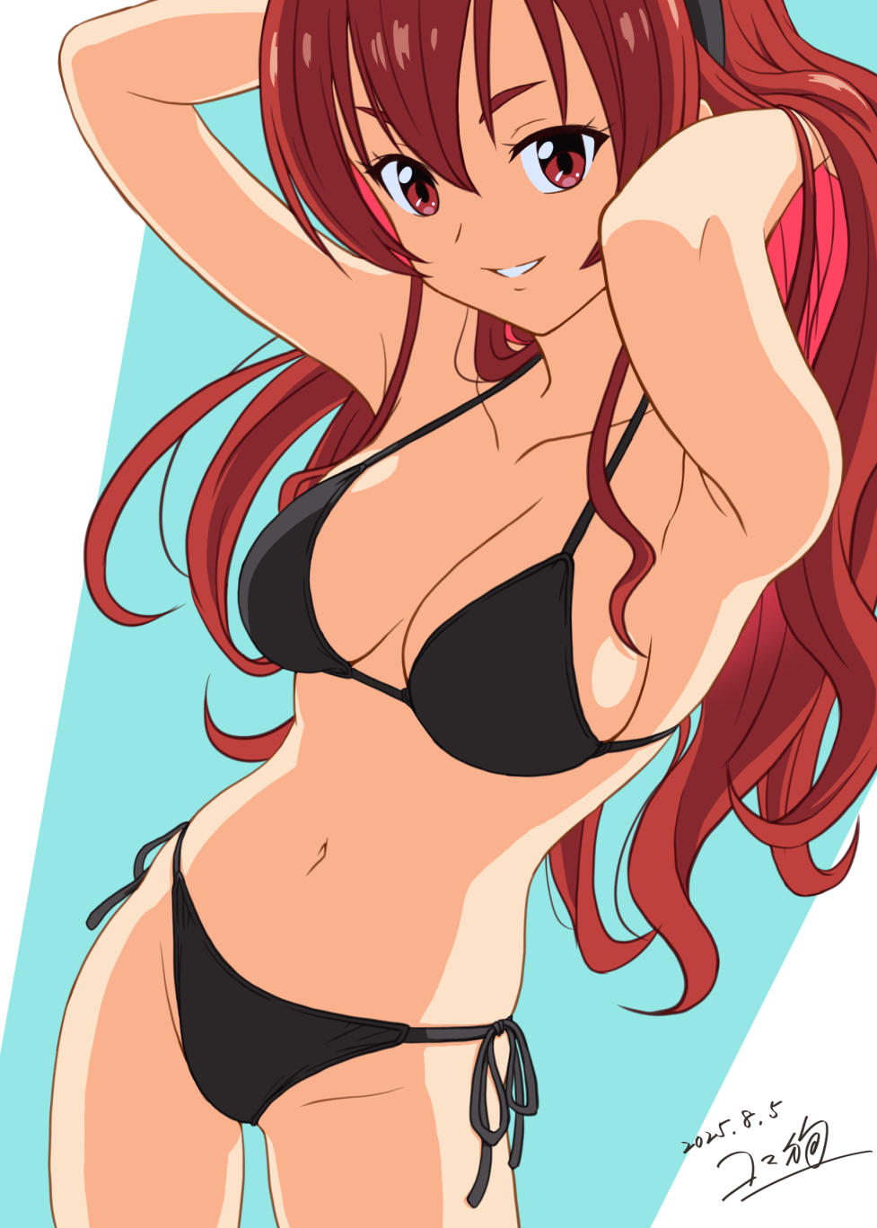 eris greyrat, mushoku tensei, highres, 1girl, armpits, arms behind head, artist name, bikini, black bikini, breasts, closed mouth, dated, hairband, large breasts, legs, long hair, looking at viewer, navel, parted lips, red eyes, red hair, sideboob, smile, solo, swimsuit, thighs, very long hair