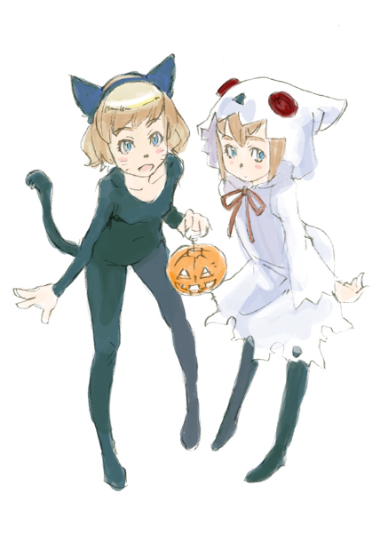 weno, weno's blonde original character, original, 2girls, animal ears, cat ears, cat girl, cosplay, costume, female focus, full body, halloween, jack-o'-lantern, multiple girls, pantyhose, pumpkin, simple background, white background