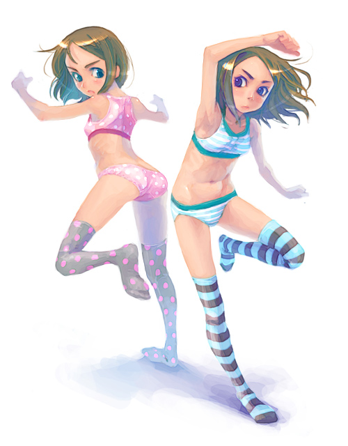 weno, striped legwear, 2girls, bra, lingerie, multiple girls, panties, polka dot, polka dot panties, simple background, sports bra, striped clothes, striped panties, striped sports bra, striped thighhighs, thighhighs, underwear, underwear only