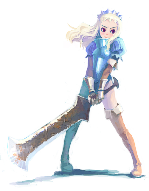 weno, armor, blonde hair, boots, simple background, solo, sword, thigh boots, thighhighs, weapon