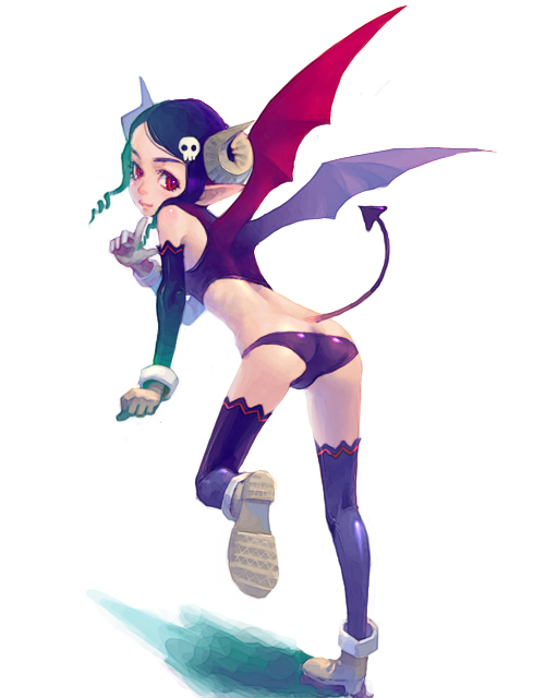 weno, 1girl, bat wings, demon girl, demon tail, female focus, horns, kneepits, simple background, single horn, solo, tail, thighhighs, wings