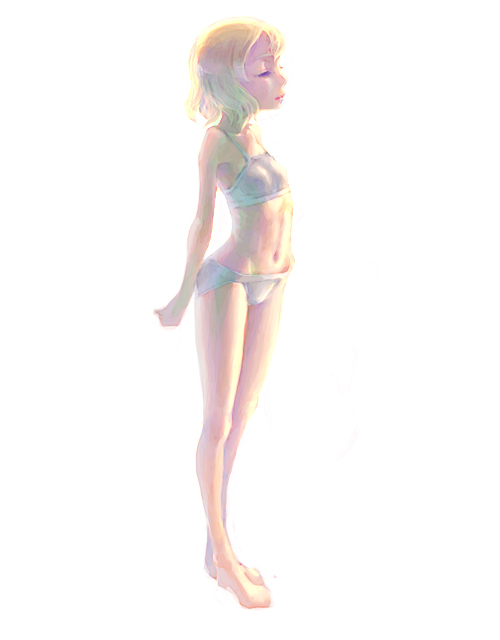 weno, weno's blonde original character, original, 1girl, blonde hair, bra, female focus, lingerie, panties, simple background, solo, sports bra, underwear, underwear only