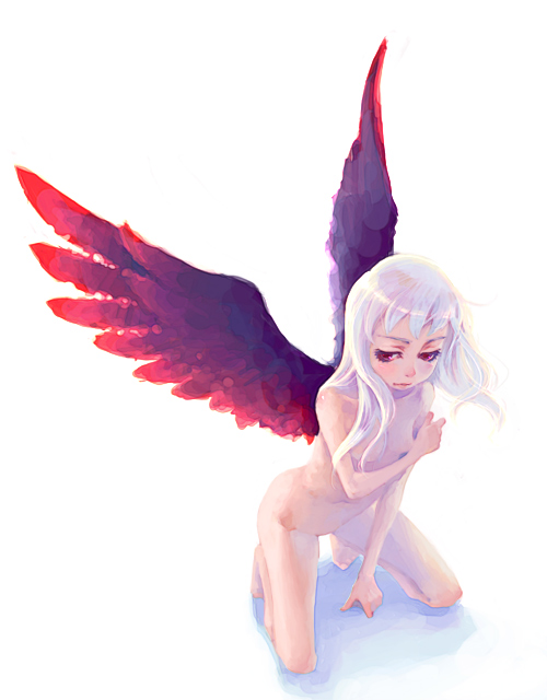 weno, 1girl, female focus, grey hair, kneeling, nude, red eyes, simple background, solo, wings