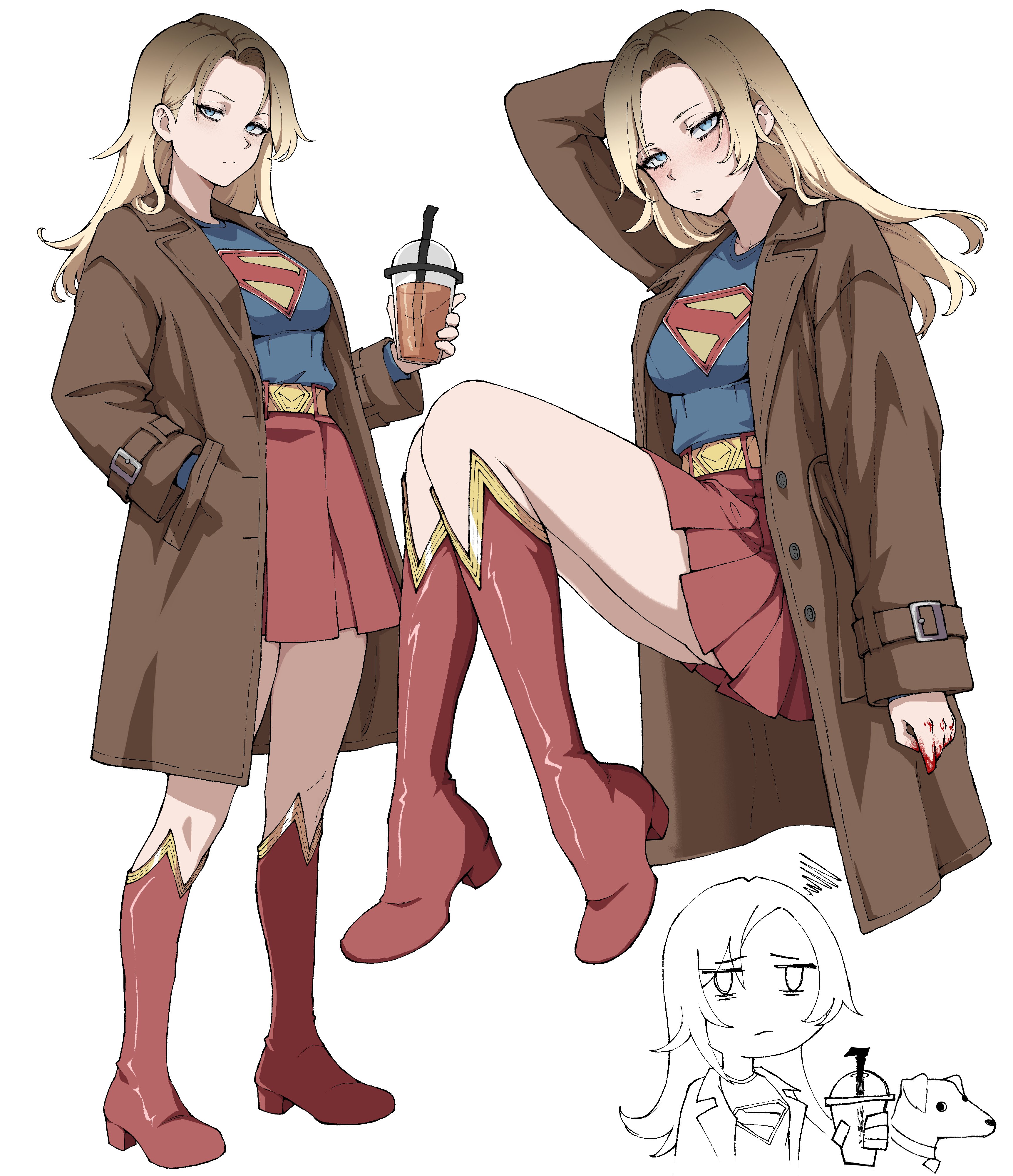 kekel, krypto the superdog, supergirl, dc comics, superman (2025), superman (series), absurdres, highres, 1girl, blonde hair, blue eyes, boots, breasts, cape, coat, dog, long hair, long sleeves, looking at viewer, red cape, skirt, smile, solo, superhero costume