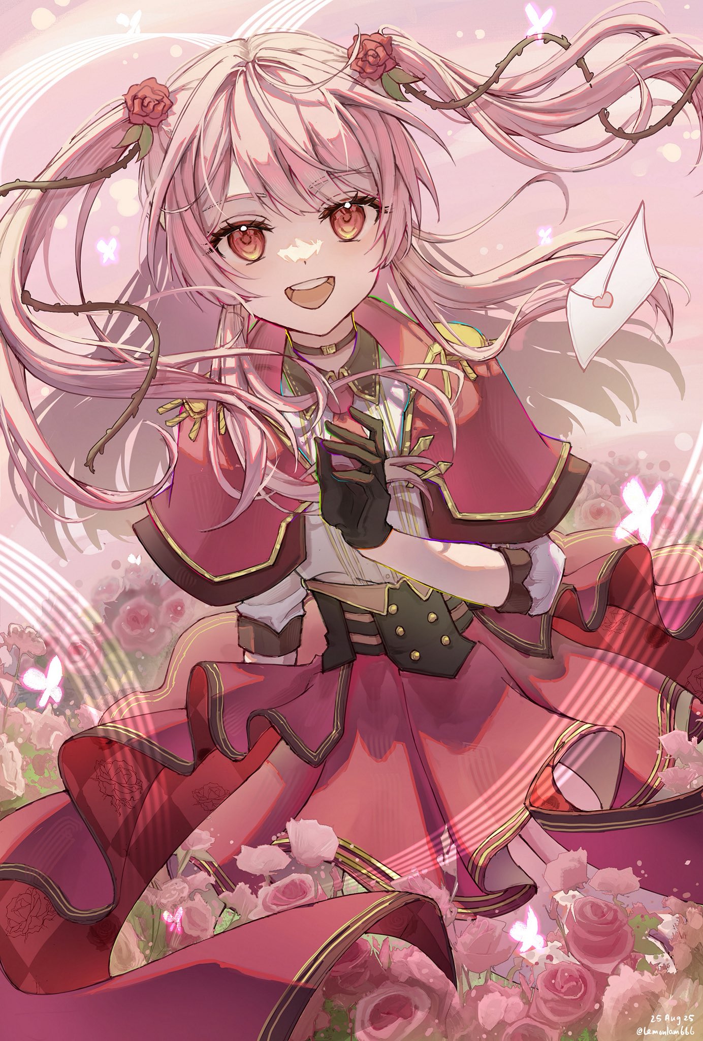 rosemi lovelock, rosemi lovelock (military), nijisanji, nijisanji en, highres, 1girl, :d, artist name, black gloves, dated, field, flower, flower field, gloves, hair vines, lemonlam666, letter, long hair, looking at viewer, love letter, open mouth, pink hair, red eyes, red flower, red rose, rose, smile, solo, thorns, twitter username, two side up, virtual youtuber