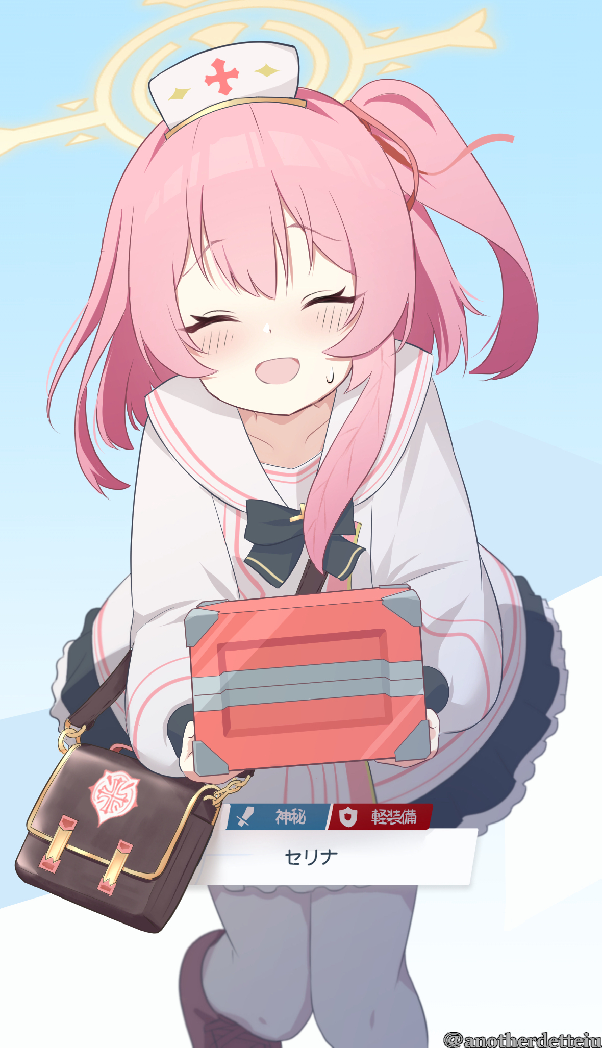 anotherdetteiu, serina (blue archive), blue archive, commentary request, highres, translation request, 1girl, :d, ^ ^, bag, black skirt, blue background, blush, box, brown bag, character name, closed eyes, first aid kit, flower, gameplay mechanics, hair flower, hair ornament, halo, hat, holding, holding box, medium hair, miniskirt, nurse cap, one side up, open mouth, pantyhose, pleated skirt, sailor collar, shirt, shoulder bag, skirt, smile, solo, sweatdrop, twitter username, white pantyhose, white sailor collar, white shirt, yellow halo