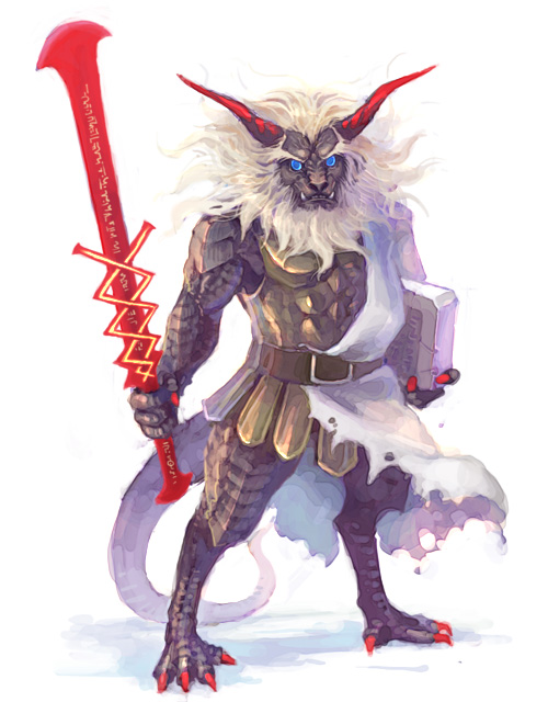 weno, gnoll, horns, monster, monster focus, simple background, sword, weapon