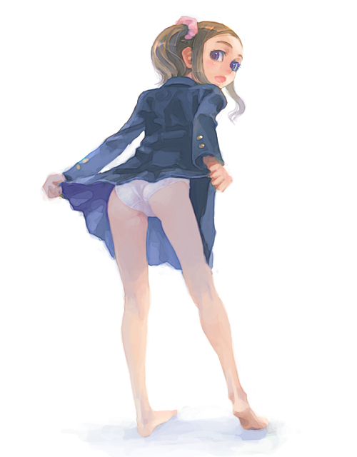 weno, 1girl, barefoot, clothes lift, feet, female focus, flashing, full body, kneepits, panties, school uniform, serafuku, simple background, skirt, skirt lift, soles, solo, standing, twintails, underwear, white background
