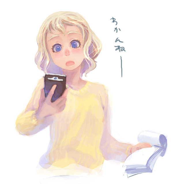 weno, weno's blonde original character, original, 1girl, blonde hair, blue eyes, female focus, manual, simple background, solo