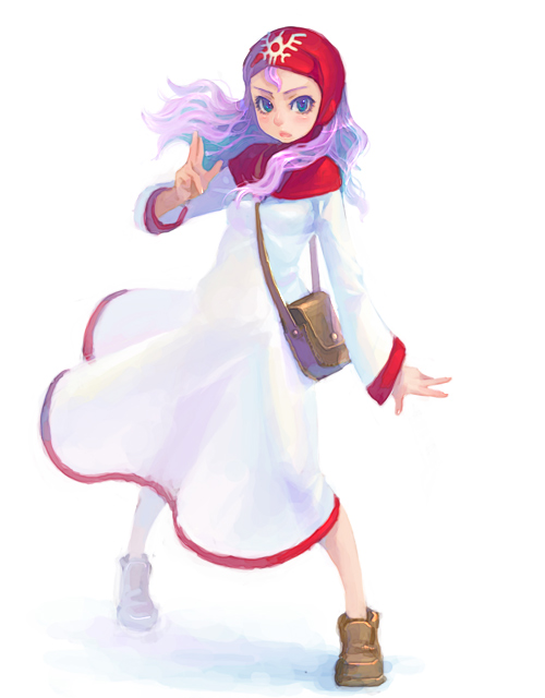 weno, princess of moonbrook, chunsoft, dragon quest, dragon quest ii, enix, 1980s (style), 1girl, bag, female focus, oldschool, purple hair, see-through clothes, shoulder bag, simple background, solo