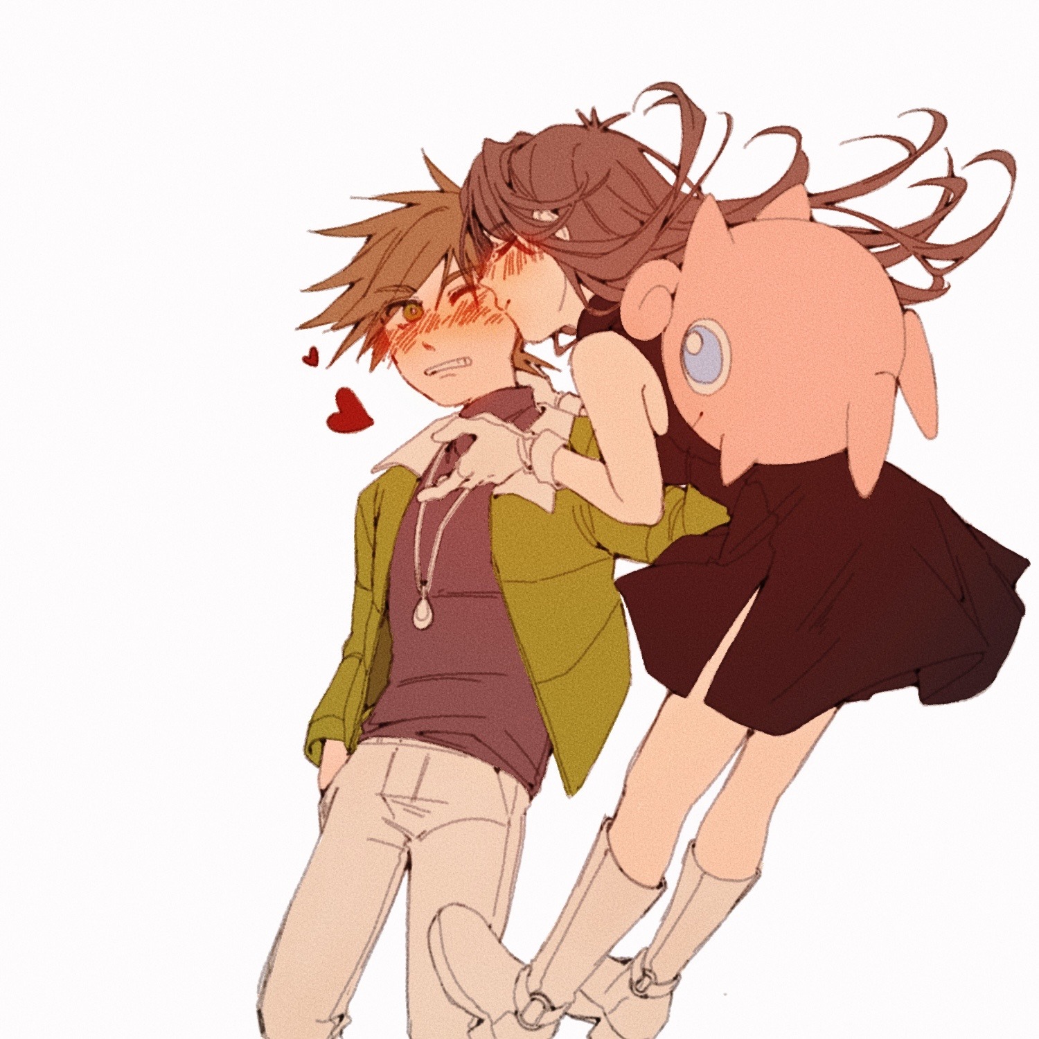 riceball (gohan gin), blue oak, green (pokemon), jigglypuff, nintendo, pokemon, pokemon adventures, highres, 1boy, 1girl, black dress, blush, boots, brown hair, closed eyes, dress, gen 1 pokemon, gloves, green jacket, hand in pocket, heart, hetero, jacket, jewelry, kiss, kissing cheek, necklace, one eye closed, spiked hair, white background, white boots, white gloves