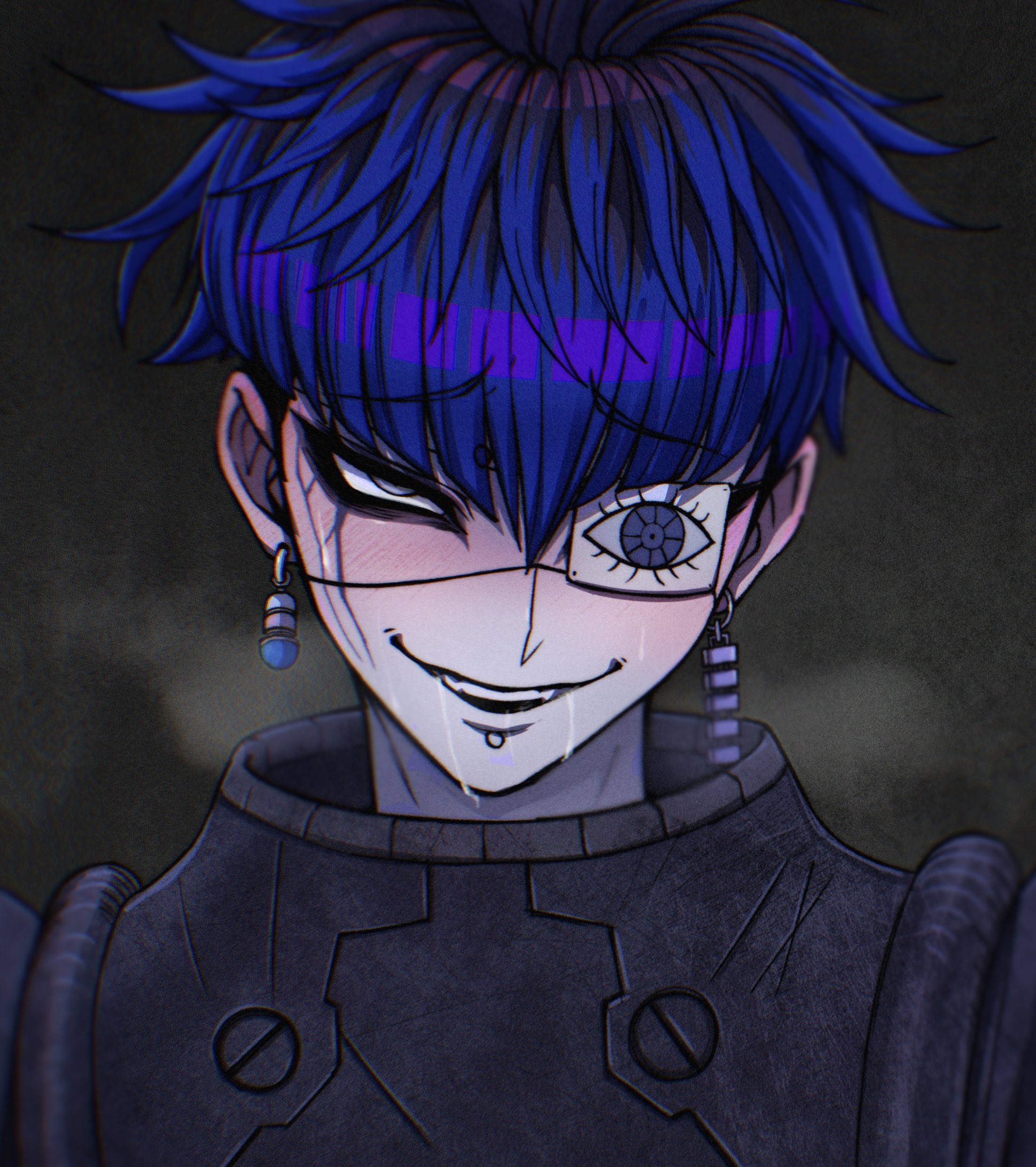 omokage yugamu, the hundred line -last defense academy-, commentary request, highres, 1boy, black hair, blue hair, blush, chamuchai, drooling, earrings, evil smile, eye print, eyepatch, face piercing, full-face blush, green eyes, jewelry, labret piercing, looking at viewer, male focus, multicolored hair, piercing, portrait, print eyepatch, short hair, smile, solo, sweat, teeth, upper teeth only