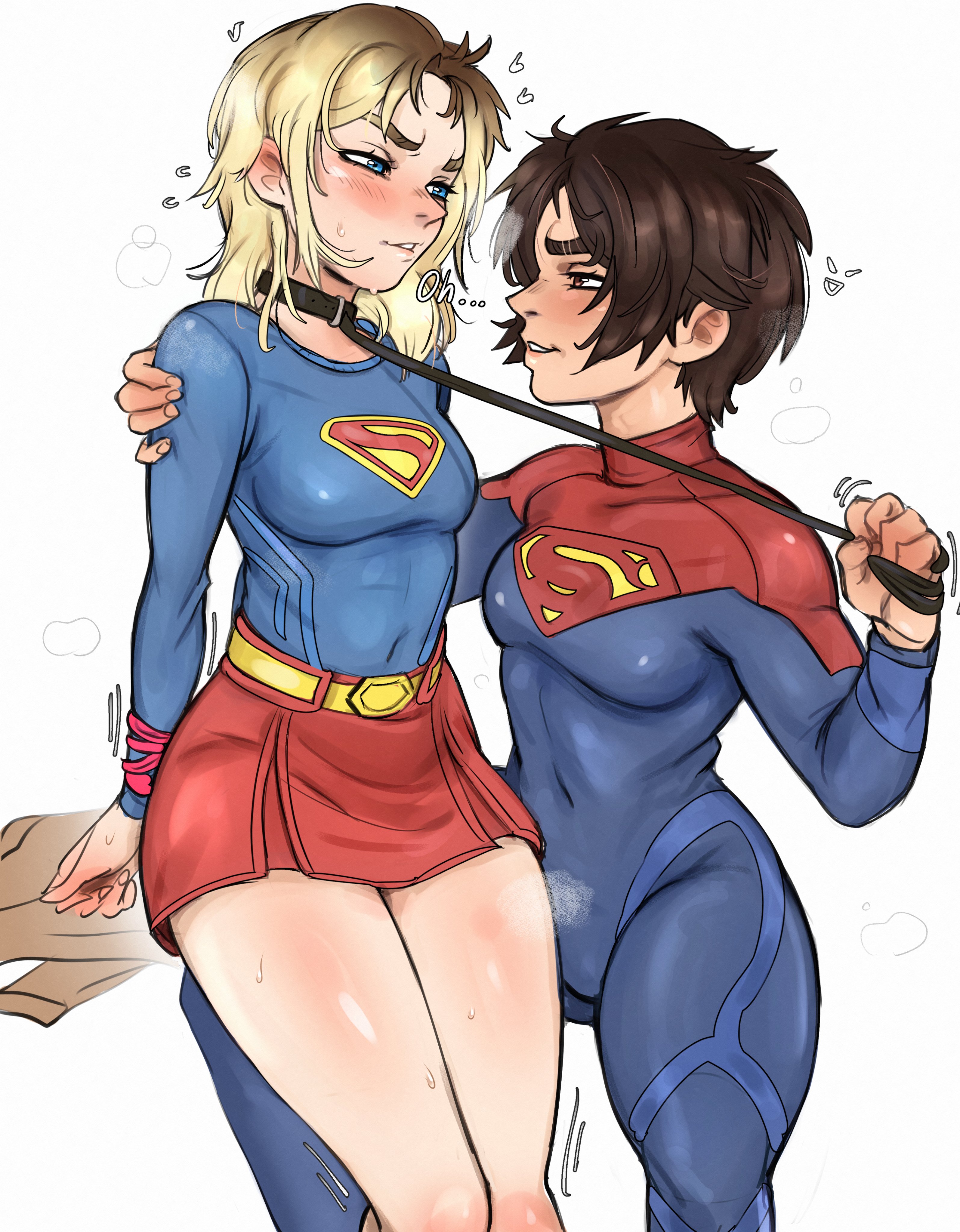 kirtome, supergirl, dc comics, dc extended universe, superman (2025), superman (series), the flash (movie), absurdres, highres, 2girls, blonde hair, blue eyes, blush, bodysuit, breasts, brown hair, cape, long hair, long sleeves, medium breasts, multiple girls, open mouth, red cape, short hair, skirt, smile, superhero costume, superman logo, yuri