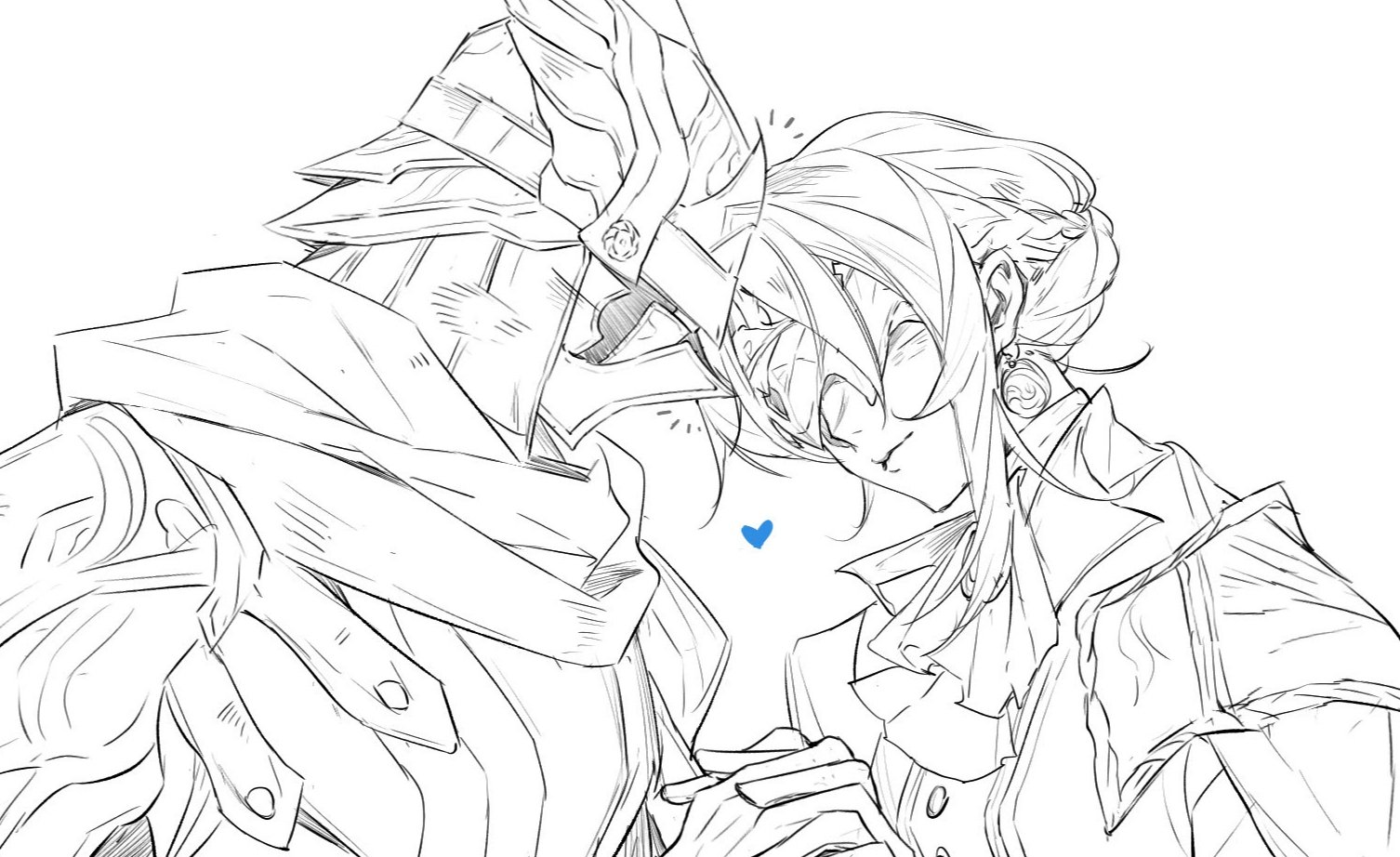 ruu47, duchess (elden ring), wylder (elden ring), elden ring, elden ring nightreign, 1boy, 1girl, armor, ascot, braid, brother and sister, closed mouth, covered eyes, earrings, eye mask, forehead-to-forehead, greyscale, heads together, heart, helmet, holding hands, jacket, jewelry, monochrome, scarf, short hair, shoulder armor, siblings, simple background, smile, spot color, winged helmet