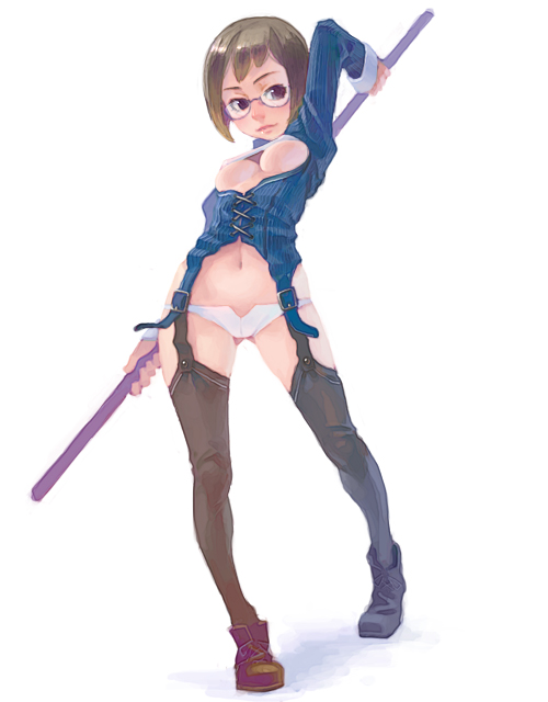 weno, 1girl, breasts, female focus, glasses, medium breasts, simple background, solo, staff, thighhighs, underboob