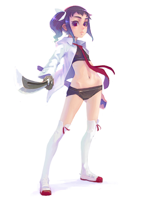 weno, 1girl, black bra, black hair, black panties, blush, bra, collared shirt, eyelashes, female focus, flat chest, holding, holding weapon, katana, long sleeves, looking at viewer, navel, necktie, open clothes, open shirt, panties, red eyes, red necktie, shirt, shoes, simple background, solo, sports bra, standing, sword, thighhighs, twintails, underwear, weapon, white background, white shirt, white shoes, white thighhighs