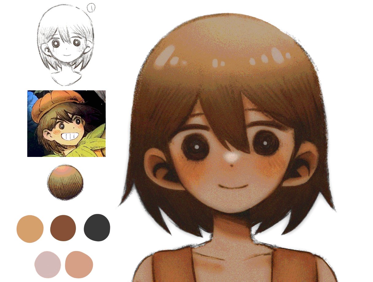 my loleeta, kel (faraway) (omori), kel (omori), omori, revision, 1boy, blush, bright pupils, brown eyes, brown hair, closed mouth, collarbone, dark-skinned male, dark skin, looking at viewer, male focus, reference inset, short hair, simple background, smile, solo, white background, white pupils