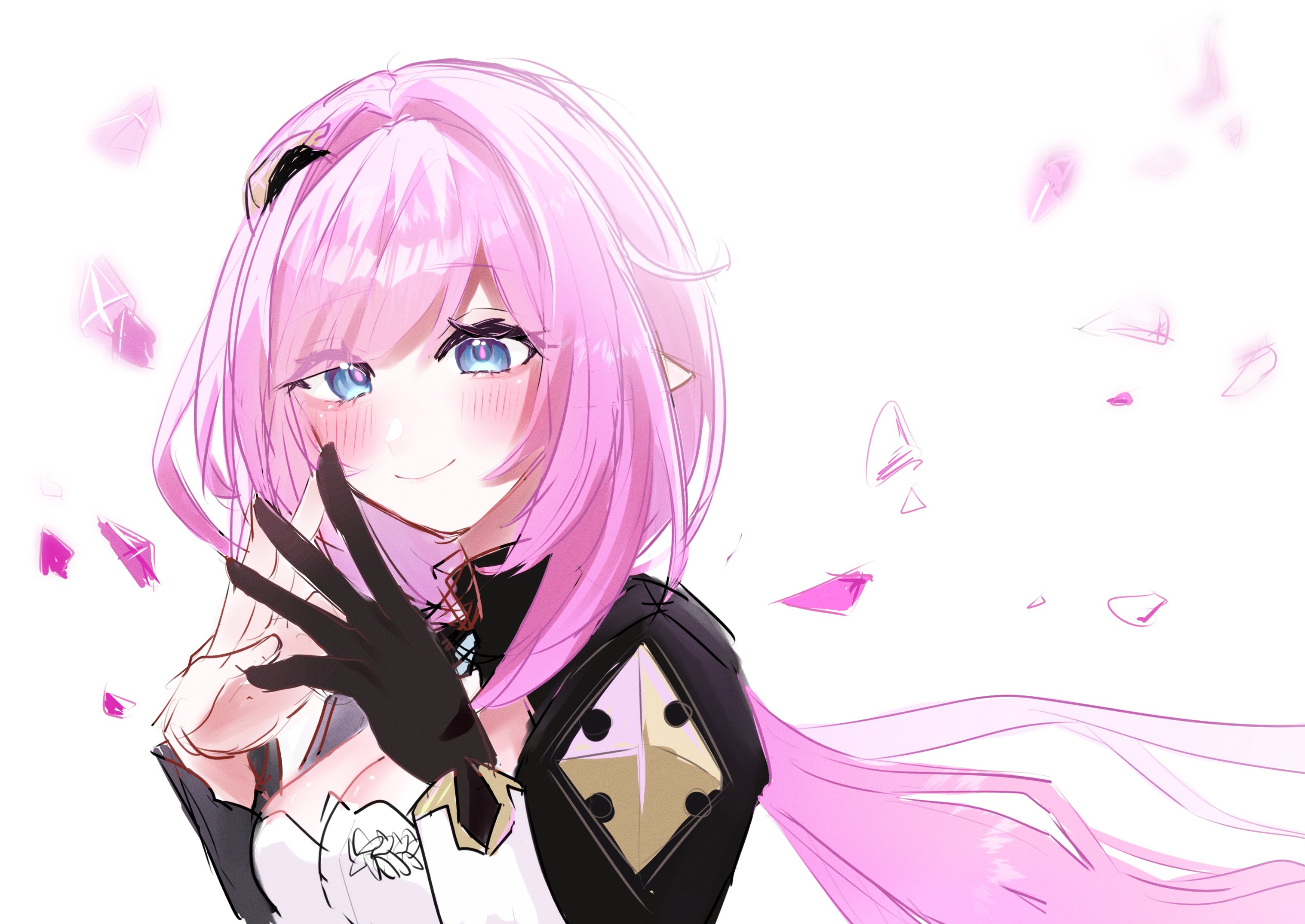 qing231, elysia (honkai impact), elysia (miss pink elf) (honkai impact), honkai (series), honkai impact 3rd, commentary request, highres, 1girl, black gloves, blue eyes, breasts, bush, cleavage, corset, crystal shards, elf, gloves, long hair, looking at viewer, medium breasts, pink hair, pointy ears, simple background, single glove, solo, upper body, very long hair, white background, white corset