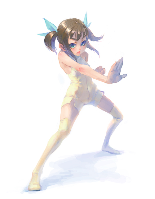 weno, blue eyes, brown hair, fighting stance, simple background, solo, thighhighs, twintails