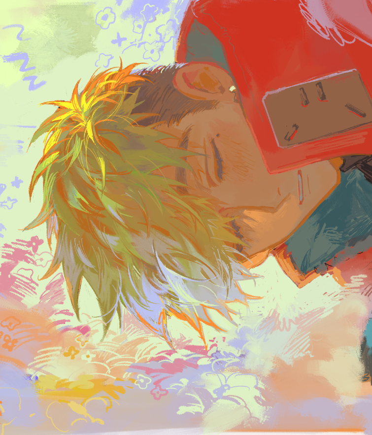 yu (zatta13chan), vash the stampede, trigun, trigun stampede, commentary, commentary request, 1boy, black hair, blonde hair, closed eyes, coat, collared coat, male focus, multicolored hair, parted lips, popped collar, red coat, short hair, sideways, solo, teeth, two-tone hair, upper body