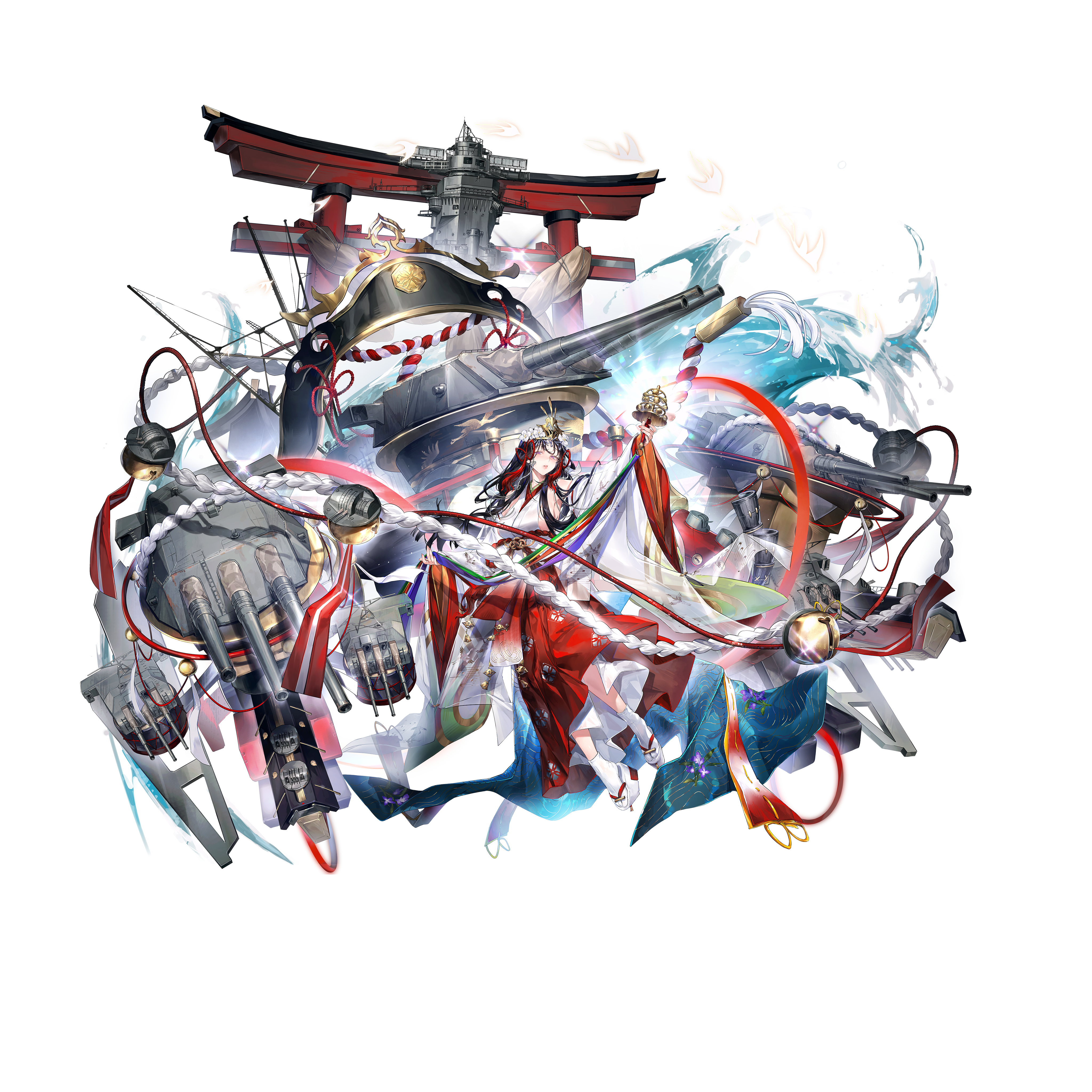 warship girls r, absurdres, artist request, highres, official art, 1girl, gohei, hakama, hakama skirt, haraegushi, japanese clothes, kimono, miko, musashi (warship girls r), oonusa, red hakama, ribbon-trimmed sleeves, ribbon trim, rigging, shrine, skirt, solo, transparent background, type 96 aa gun, white kimono, wide sleeves
