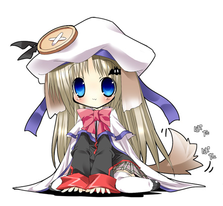 paco, noumi kudryavka, little busters!, lowres, 1girl, animal ears, blue eyes, bow, buttons, cape, chibi, dog ears, dog tail, female focus, hat, large buttons, pink bow, school uniform, serafuku, solo, tail