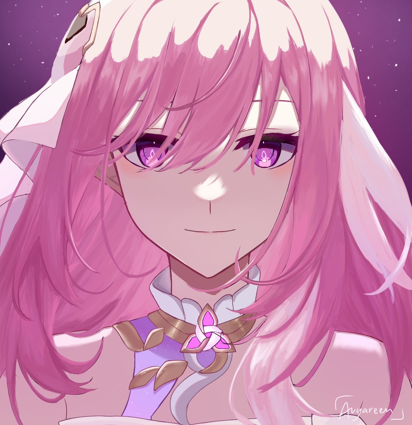 avyarenne, elysia (herrscher of human: ego) (honkai impact), elysia (honkai impact), honkai (series), honkai impact 3rd, commentary, english commentary, highres, 1girl, artist name, bare shoulders, diamond-shaped pupils, diamond (shape), hair ornament, long hair, looking at viewer, multicolored hair, pink hair, purple eyes, sky, smile, solo, star (sky), starry sky, symbol-shaped pupils, triquetra, two-tone hair, very long hair, white hair