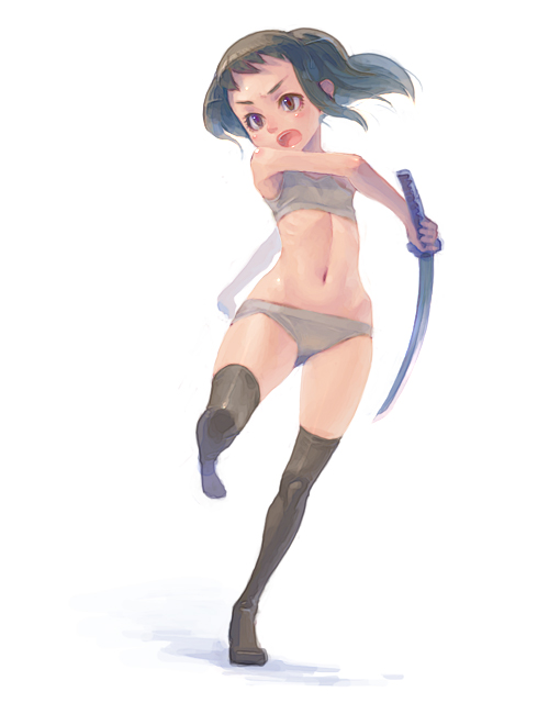 weno, 1girl, bra, female focus, katana, lingerie, panties, simple background, solo, sports bra, sword, thighhighs, underwear, underwear only, weapon
