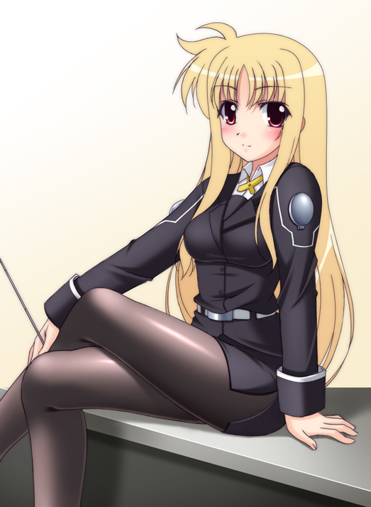 narutaki shin, fate testarossa, lyrical nanoha, mahou shoujo lyrical nanoha, mahou shoujo lyrical nanoha strikers, 00s, 1girl, blonde hair, blush, crossed legs, female focus, military, military uniform, pantyhose, red eyes, sitting, solo