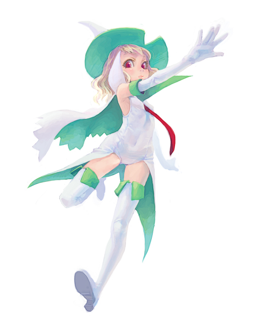 weno, blonde hair, cape, elbow gloves, gloves, hat, necktie, red eyes, simple background, solo, thighhighs
