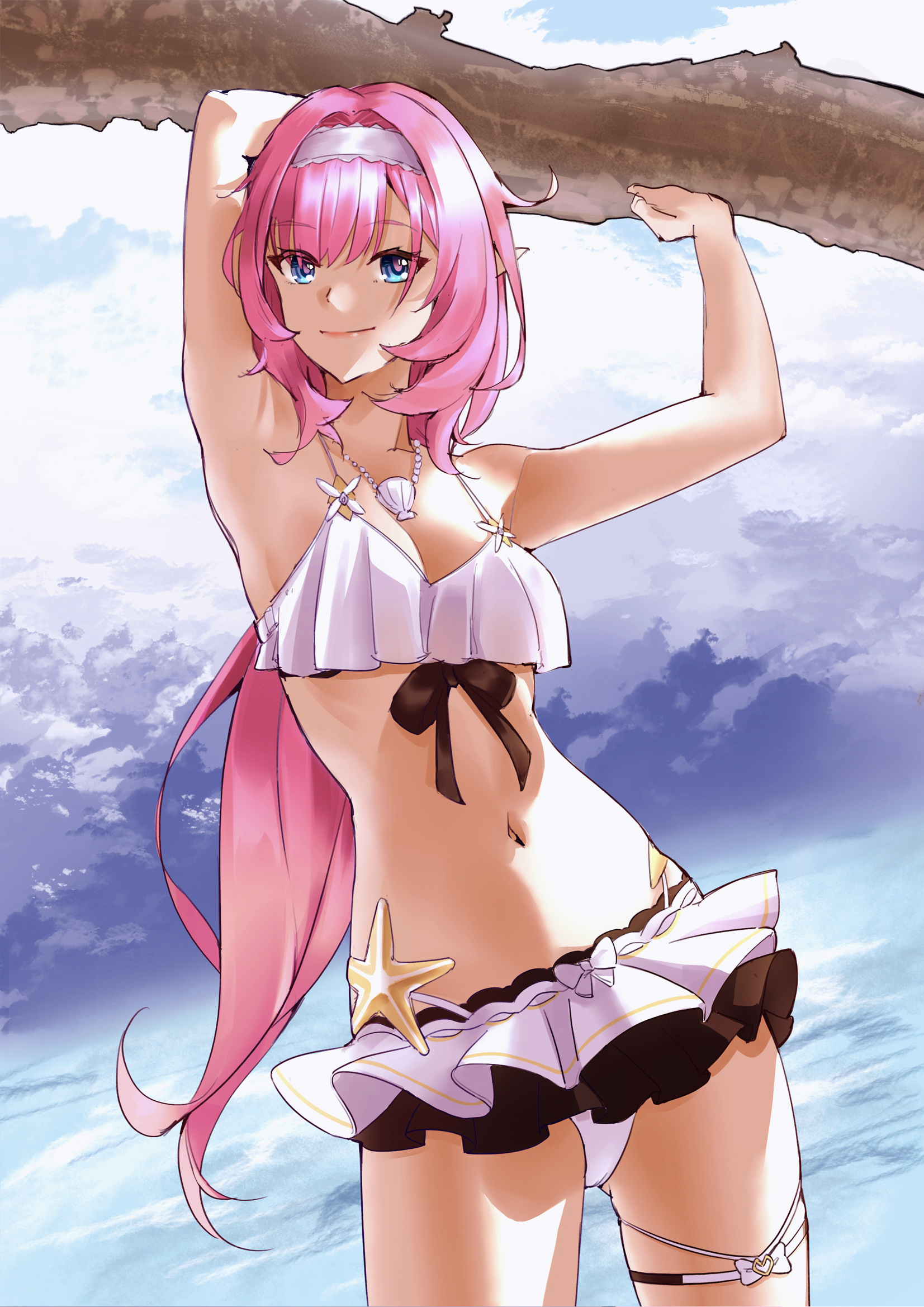kyuu- -, elysia (honkai impact), elysia (miss pink elf) (honkai impact), elysia (summer miss elf) (honkai impact), honkai (series), honkai impact 3rd, commentary request, highres, 1girl, armpits, bikini, bikini skirt, blue eyes, branch, breasts, cleavage, elf, hairband, jewelry, long hair, medium breasts, navel, necklace, official alternate costume, outdoors, pink hair, pointy ears, shell, shell necklace, smile, solo, swimsuit, thigh strap, thighhighs, thighs, very long hair, white bikini, white hairband