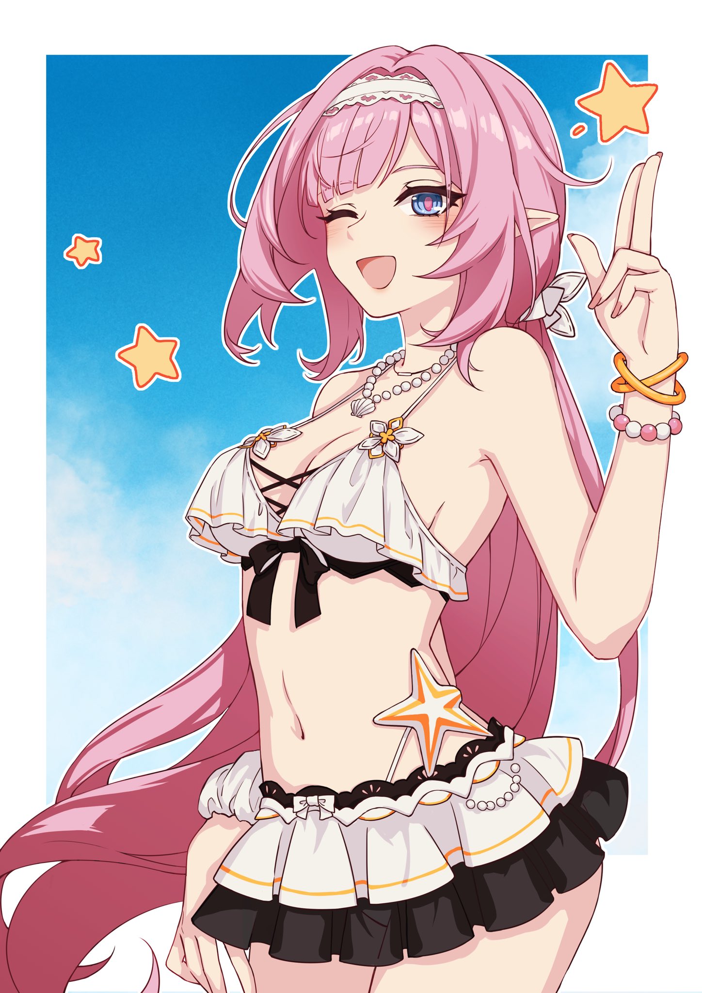 elysia (honkai impact), elysia (miss pink elf) (honkai impact), elysia (summer miss elf) (honkai impact), honkai (series), honkai impact 3rd, commentary request, highres, 1girl, ;o, bare shoulders, bikini, bikini skirt, blue eyes, blue sky, border, bracelet, breasts, cleavage, elf, hairband, jewelry, large breasts, long hair, navel, necklace, official alternate costume, one eye closed, pink hair, pointy ears, seika86850577, shell, shell necklace, sky, solo, star (symbol), stomach, swimsuit, thighs, very long hair, white bikini, white border, white hairband