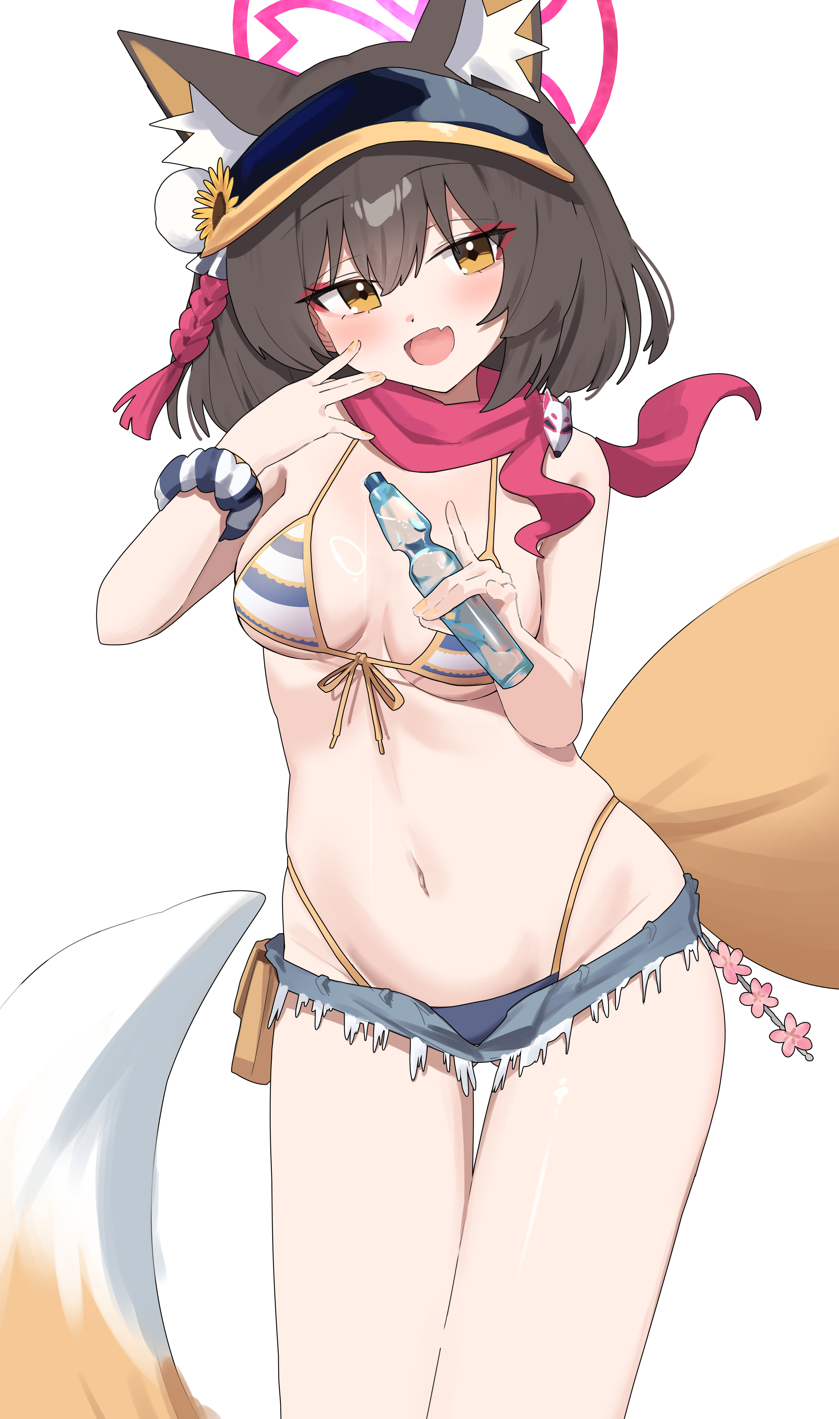 d (delt4), izuna (blue archive), izuna (swimsuit) (blue archive), blue archive, absurdres, commentary, highres, 1girl, :d, ||/, animal ear fluff, animal ears, bikini, blush, breasts, breasts apart, brown hair, cowboy shot, cutoffs, denim, denim shorts, eyeshadow, fang, flower, fox ears, fox girl, fox shadow puppet, fox tail, front-tie bikini top, front-tie top, groin, hair flower, hair ornament, halo, hands up, happy, highleg, highleg bikini, makeup, medium breasts, medium hair, micro shorts, navel, official alternate costume, open mouth, pink halo, pink scarf, pom pom (clothes), pom pom hair ornament, ramune, red eyeshadow, scarf, scrunchie, shiny skin, shorts, simple background, skin fang, smile, solo, stomach, striped bikini, striped clothes, sunflower, sunflower hair ornament, swimsuit, tail, thigh gap, thighs, underboob, visor cap, white background, wrist scrunchie, yellow eyes