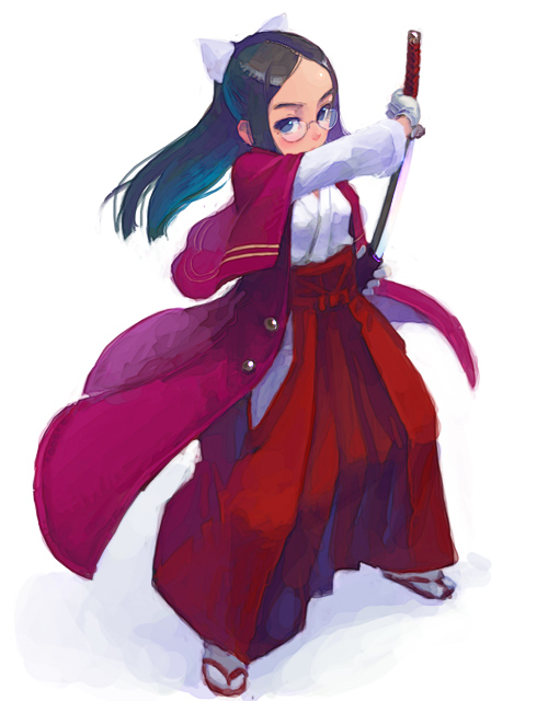 weno, 1girl, female focus, glasses, gloves, hakama, hakama skirt, iaido, japanese clothes, katana, miko, red hakama, ribbon, sheath, simple background, skirt, solo, sword, tabi, unsheathing, weapon