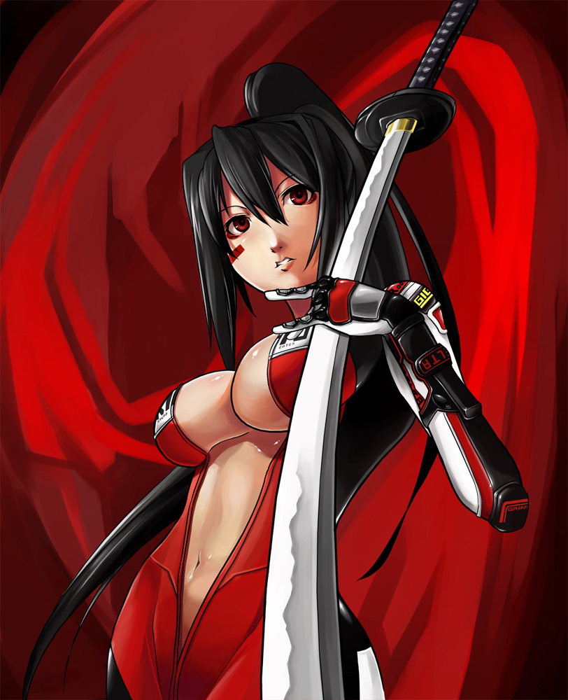 eu03, dj sakura, sakura (beatmania iidx), beatmania iidx, beatmania iidx 11 iidx red, bemani, 1girl, black hair, bodysuit, breasts, cleavage, female focus, full-length zipper, katana, large breasts, navel, ponytail, red eyes, solo, sword, unzipped, weapon, zipper