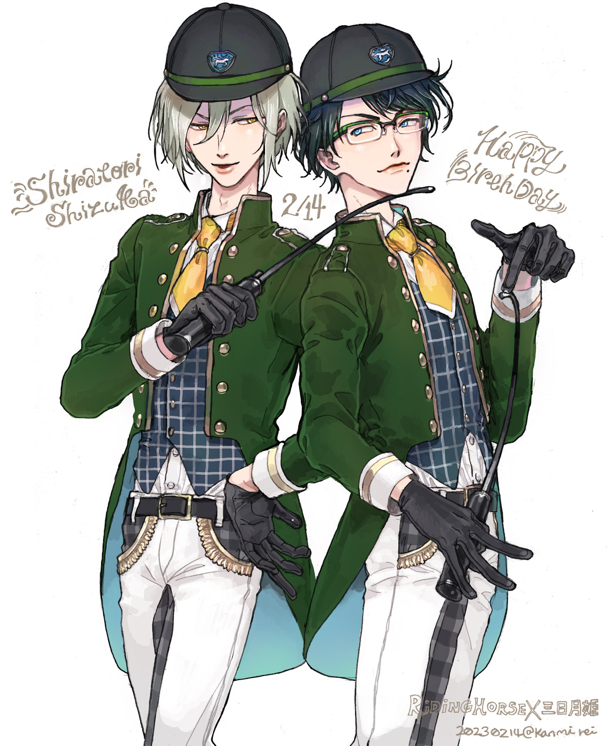kanmi (semesa), dorifesu!, character request, highres, 2boys, artist name, ascot, belt, black gloves, black hat, blue eyes, character name, coat, dated, glasses, gloves, green coat, grey hair, hair between eyes, hand on own hip, hand up, happy birthday, hat, male focus, mole, mole under mouth, multiple boys, pants, plaid clothes, plaid vest, riding crop, shiina azuki, shiratori shizuka, tailcoat, vest, white background, white pants, yaoi, yellow ascot, yellow eyes