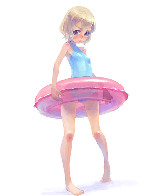 weno, weno's blonde original character, original, 1girl, blonde hair, casual one-piece swimsuit, female focus, innertube, one-piece swimsuit, simple background, sleeveless, sleeveless turtleneck, solo, swim ring, swimsuit, turtleneck