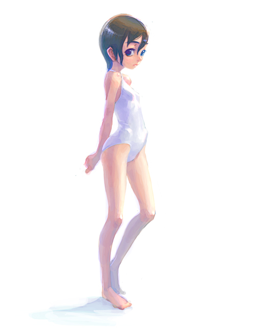 weno, 1girl, brown hair, female focus, full body, one-piece swimsuit, short hair, simple background, solo, standing, swimsuit, white background, white one-piece swimsuit