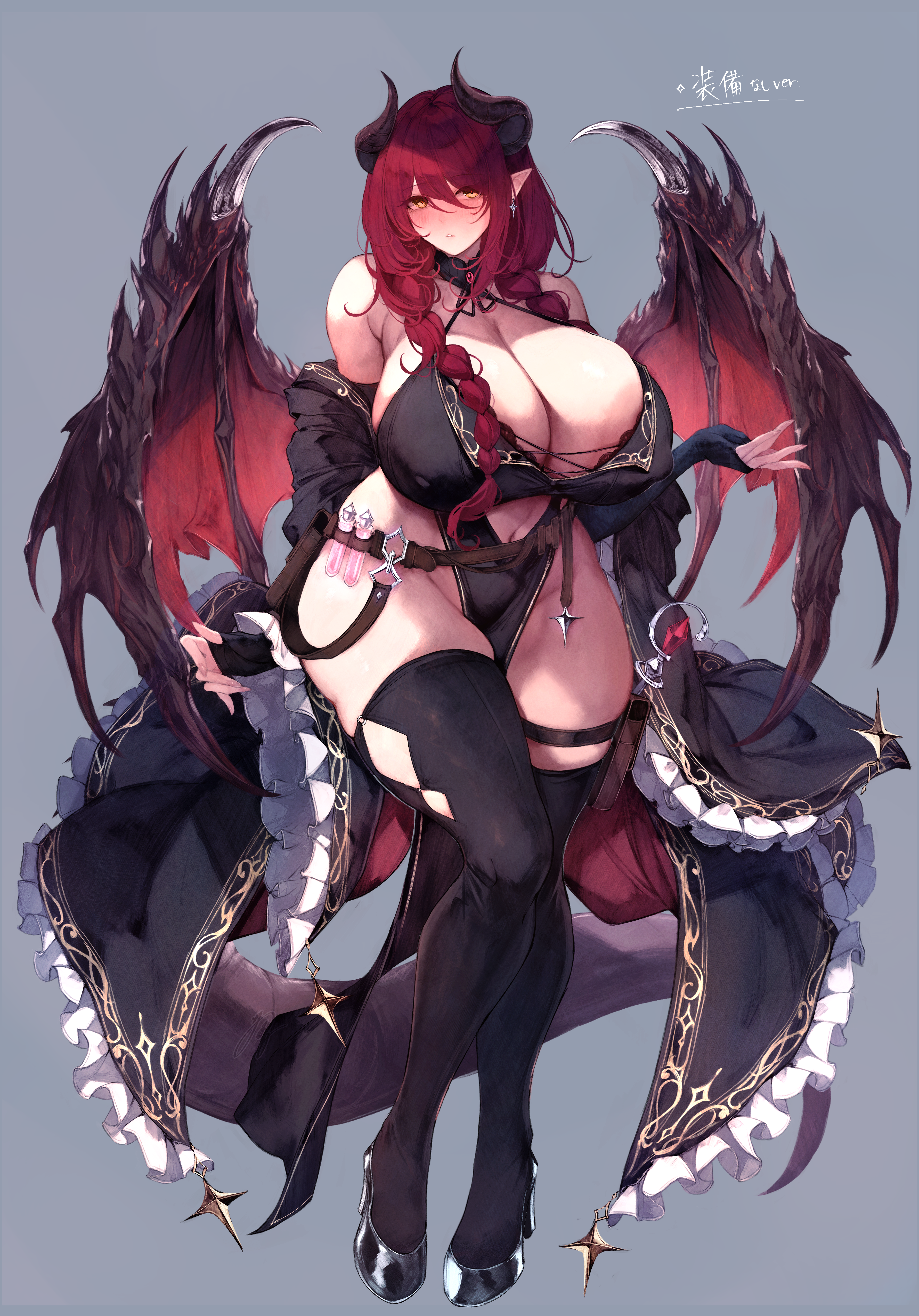 alna (mu5fal), original, absurdres, commentary request, commission, highres, skeb commission, translation request, variant set, 1girl, areola slip, belt, belt pouch, black dress, black thighhighs, borrowed character, braid, breasts, cleavage, clothing cutout, dragon girl, dragon wings, dress, fire, full body, grey background, horns, huge breasts, large breasts, looking at viewer, low twin braids, parted lips, pelvic curtain, plump, pouch, pyrokinesis, red hair, revealing clothes, sideless dress, simple background, solo, stomach cutout, thighhighs, twin braids, vial, wings, yellow eyes
